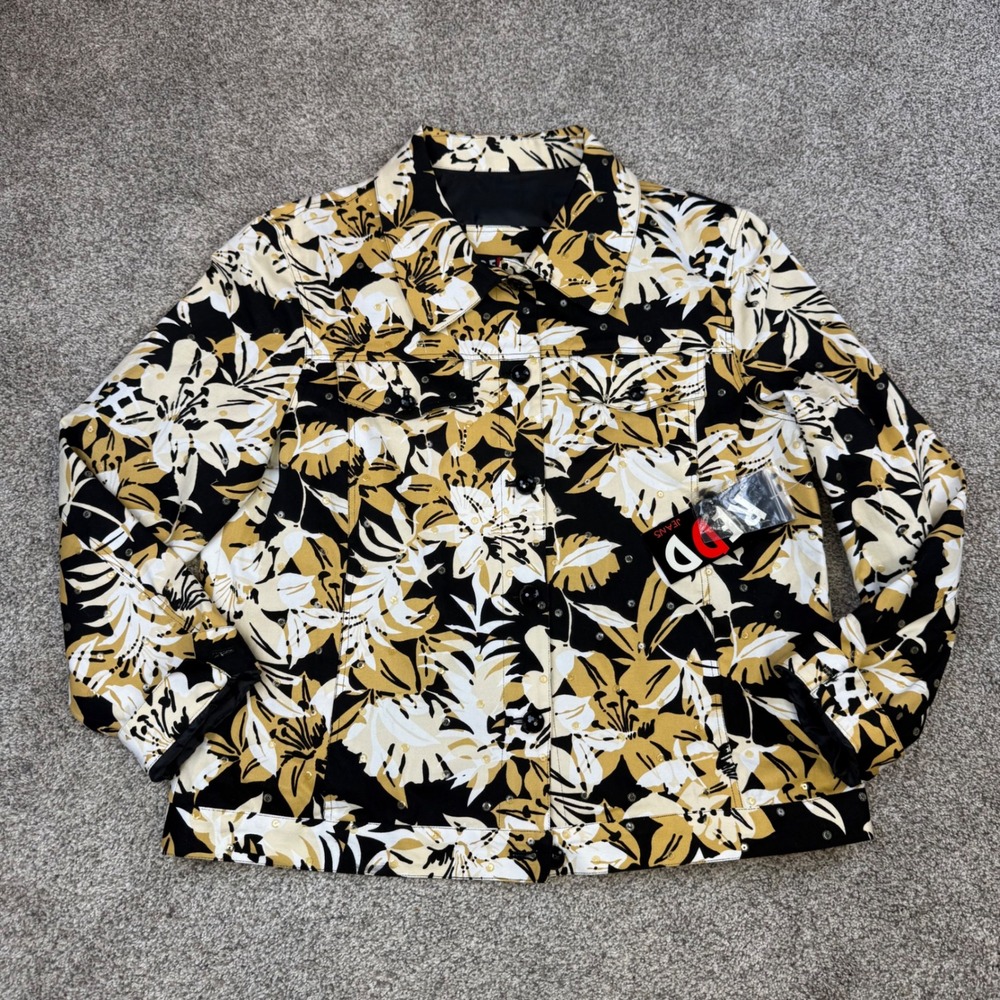 REDD Jeans Floral Sequin Denim Jacket Black Gold Tropical Print NWT Size 12